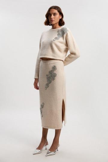 Wool Blend Embellished Cosy Pencil Midi Skirt cream