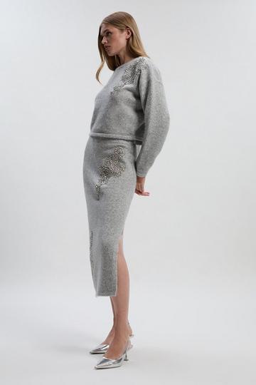 Wool Blend Embellished Cosy Pencil Midi Skirt grey