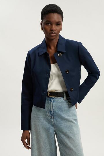 Navy Petite Cotton Button Tailored Jacket