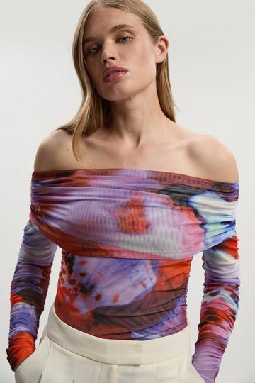 Floral Printed Mesh Off The Shoulder Bodysuit lilac