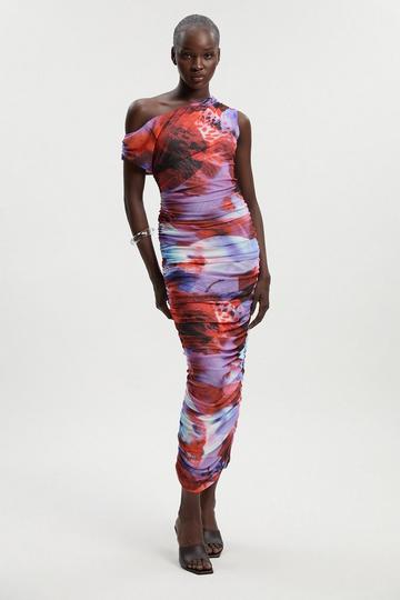 Floral Printed Mesh Ruched One Shoulder Maxi Dress lilac