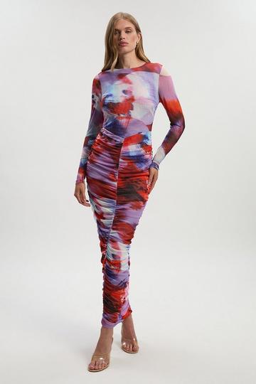 Floral Printed Mesh Ruched Long Sleeve Maxi Dress lilac