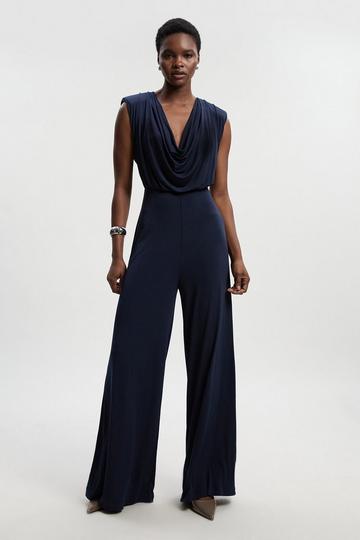 Jersey Crepe Cowl Neck Wide Leg Jumpsuit navy