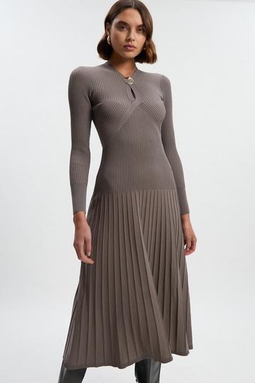 Grey Rib Knit Trim Detail Full Skirt Midi Dress