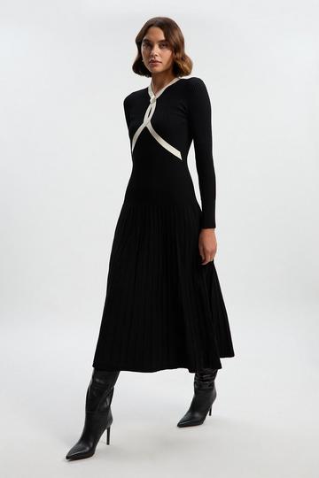 Rib Knit Trim Detail Full Skirt Midi Dress mono