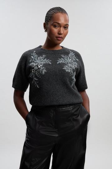Plus Size Archive Floral Embellished Cosy Wool Blend Top charcoal
