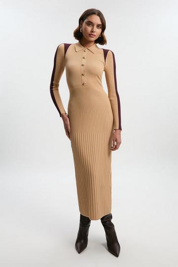 Rib Knit Military Colour Block Midi Dress natural