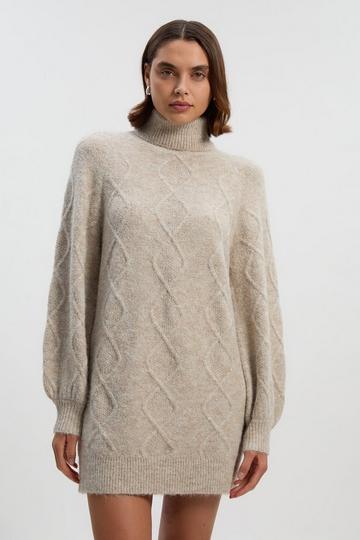 Wool Blend Cosy Cable Stitch Roll Neck Jumper Mini Dress cream