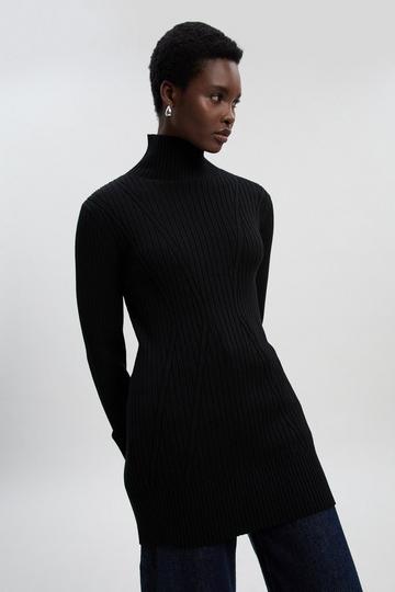 Black Rib High Neck Longline Knitted Top