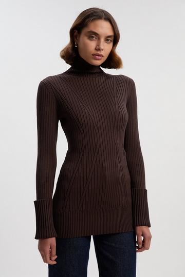 Rib High Neck Longline Knitted Top chocolate