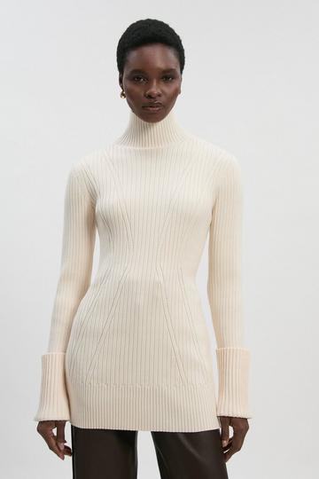 Rib High Neck Longline Knitted Top ivory