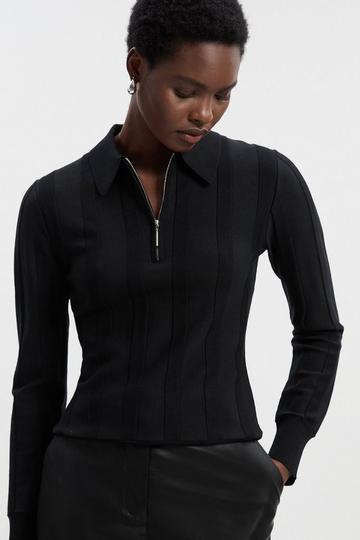 Rib Knit Colour Block Zip Through Top mono