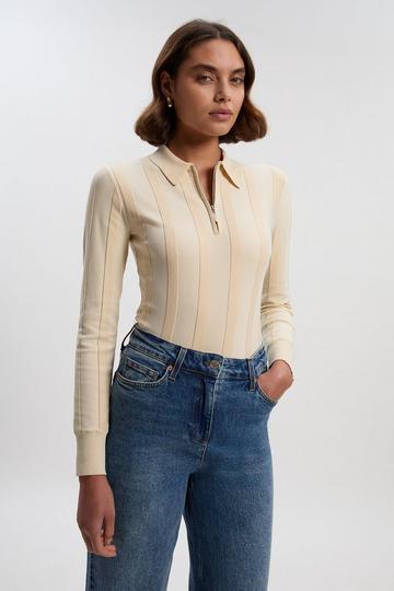 Rib Knit Colour Block Zip Through Top natural