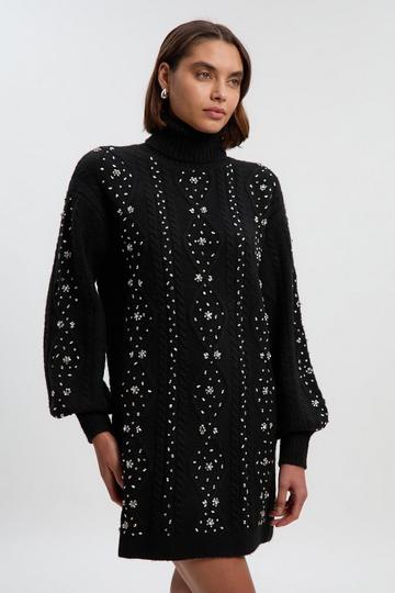 Black Wool Blend Embellished Cable Knit Jumper Mini Dress