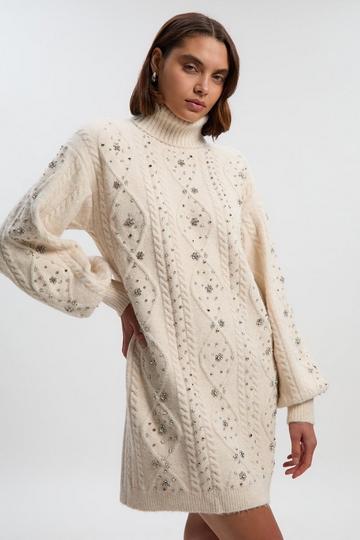 Wool Blend Embellished Cable Knit Jumper Mini Dress cream
