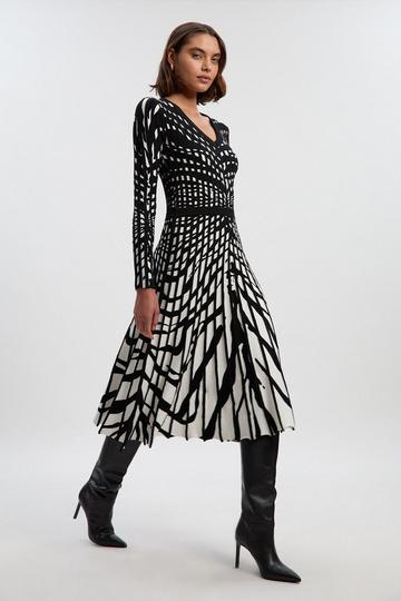 Zebra Jacquard Knit Full Skirted Midi Dress mono