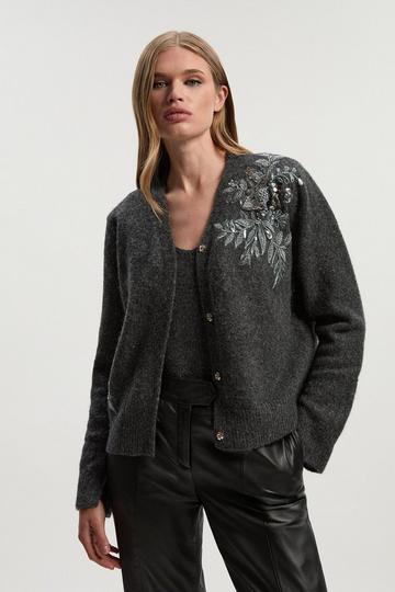 Archive Floral Embellished Cosy Wool Blend Cardigan charcoal