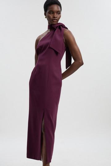 Burgundy Red Soft Tailored Bow Tie Neck Midi Dress
