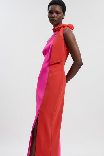 Petite Soft Tailored Colour Block Bow Tie Neck Midi Dress red