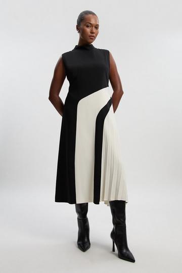 Plus Size Soft Tailored Colour block High Neck Pleated Midi Dress mono
