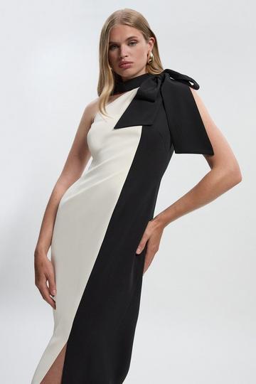 Soft Tailored Colour Block Bow Tie Neck Midi Dress mono