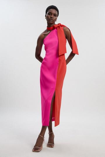 Pink Soft Tailored Colour Block Bow Tie Neck Midi Dress