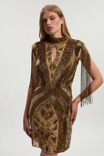 Petite Embellished Beaded Cap Sleeve Woven Mini Dress bronze