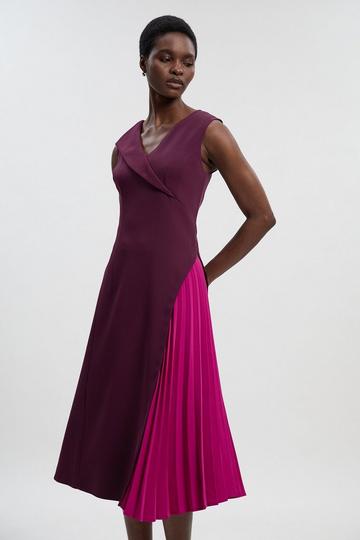 Soft Tailored Colour Block Pleated Side Sleeveless Midi Dress burgundy