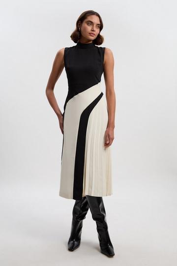 Soft Tailored Colour block High Neck Pleated Midi Dress mono