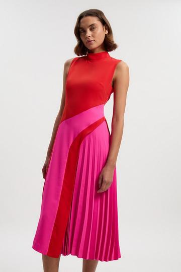 Pink Soft Tailored Colour block High Neck Pleated Midi Dress