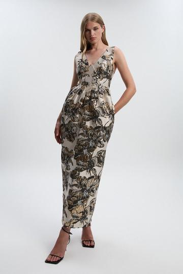 Floral Jacquard Plunge Corset Pencil Midi Dress mono