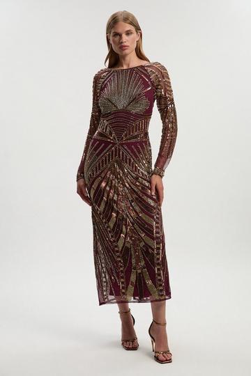 Premium Mirrored Crystal Embellished Woven Long Sleeve Column Dress red