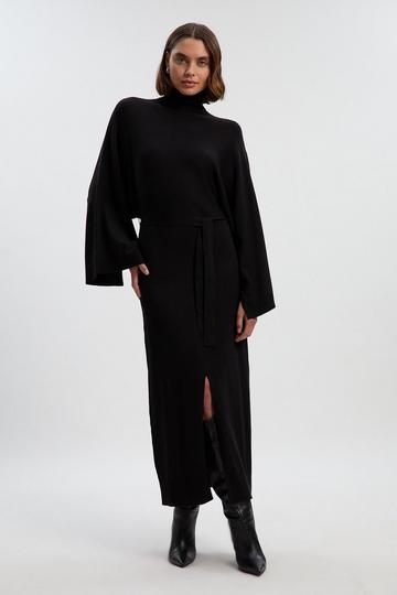Black Viscose Blend Funnel Neck Belted Knitted Midi Dress