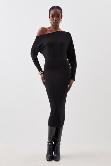 Black Viscose Blend Knit Asymmetric Neck Midi Dress
