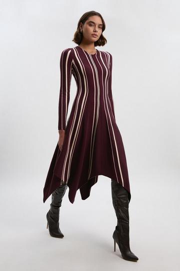 Stripe Viscose Blend Asymmetric Hem Knit Midi Dress burgundy
