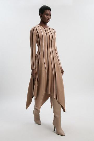 Stripe Viscose Blend Asymmetric Hem Knit Midi Dress camel