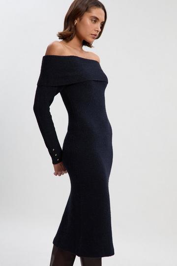 Petite Wool Blend Cosy Bardot Knit Midi Dress navy
