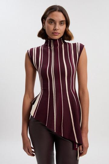 Stripe Viscose Blend Asymmetric Hem Knit Top burgundy