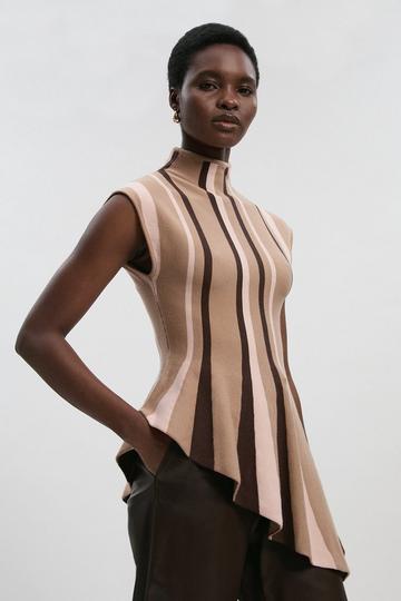 Stripe Viscose Blend Asymmetric Hem Knit Top camel