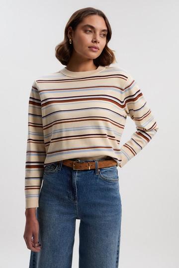 Stripe Viscose Blend Crew Neck Knit Top ivory