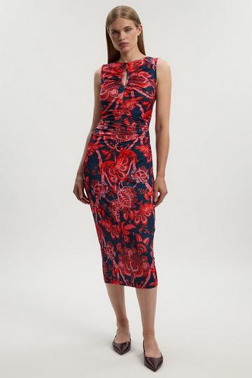 Red Paisley Floral Jersey Crepe Cut Out Neck Midi Dress