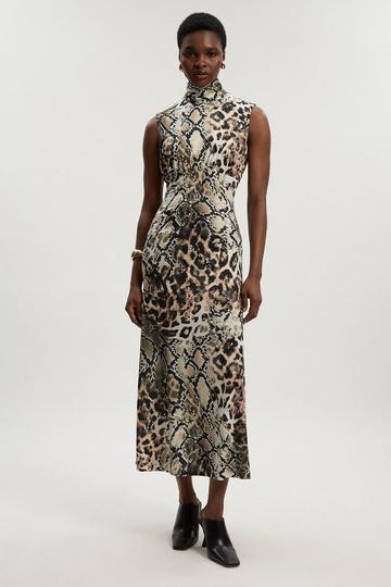 Snake Print High Neck Jersey Crepe Maxi Dress snake