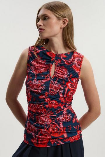Red Paisley Floral Jersey Crepe Cut Out Neck Top