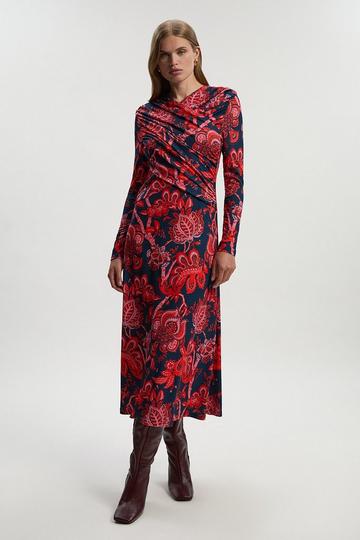 Paisley Floral Jersey Crepe Twist Maxi Dress red