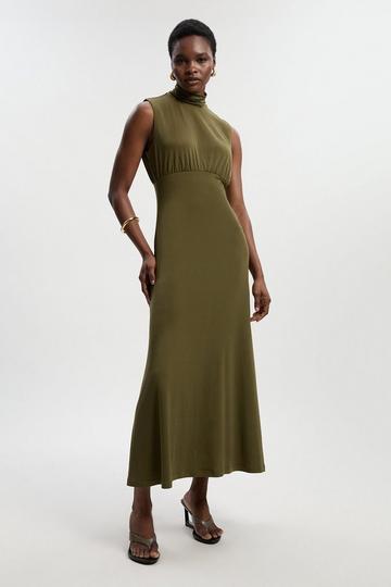 High Neck Jersey Crepe Maxi Dress khaki
