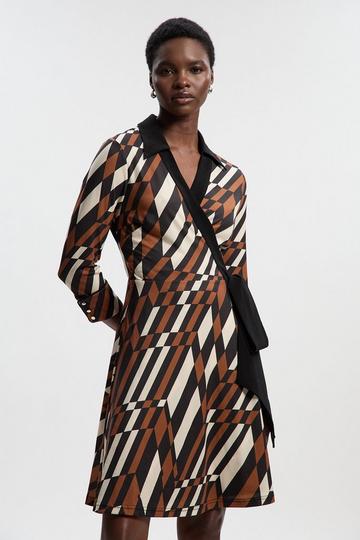 Geo Printed Jersey Crepe Tie Waist Midi Dress rust