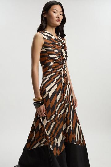Geo Printed Jersey Crepe Hanky Hem Maxi Dress rust