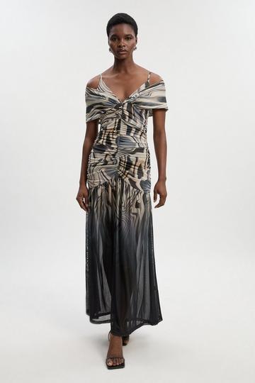 Marble Print Mesh Plunge Strappy Detail Maxi Dress mono