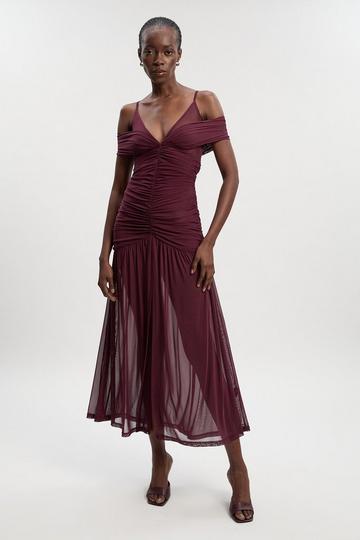 Mesh Plunge Strappy Detail Maxi Dress burgundy