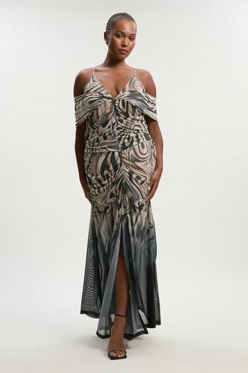 Plus Size Marble Print Mesh Plunge Strappy Detail Maxi Dress mono